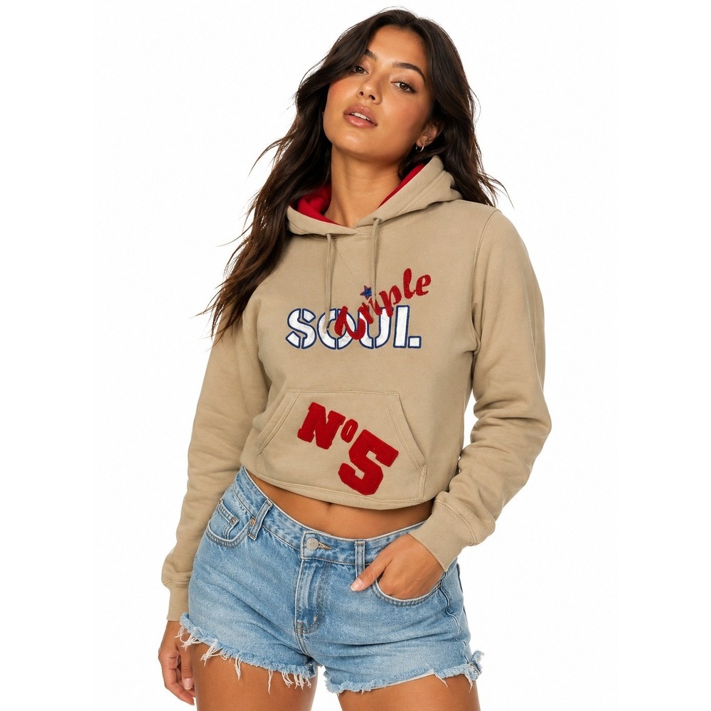 Triple Five Soul Womens Tan Beige Cropped Hoodie N5 Patch Sweatshirt Medium